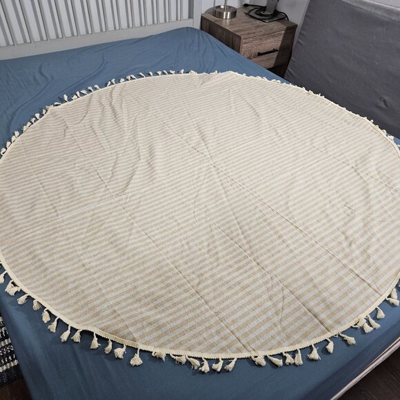 Round Tablecloth Table Cloth Cover Cloth Beige White Striped Tassel Fringe 59" - Picture 7 of 9